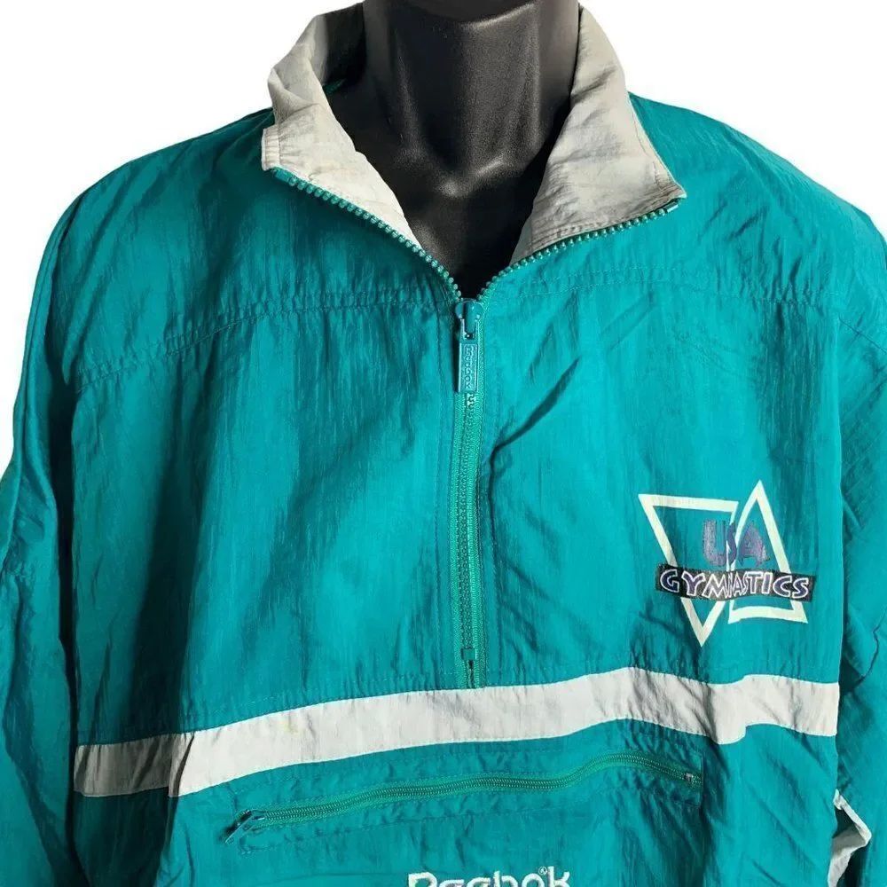 Vintage Reebok Windbreaker Jacket L Green Nylon USA Gymnastics Kangaroo Pocket